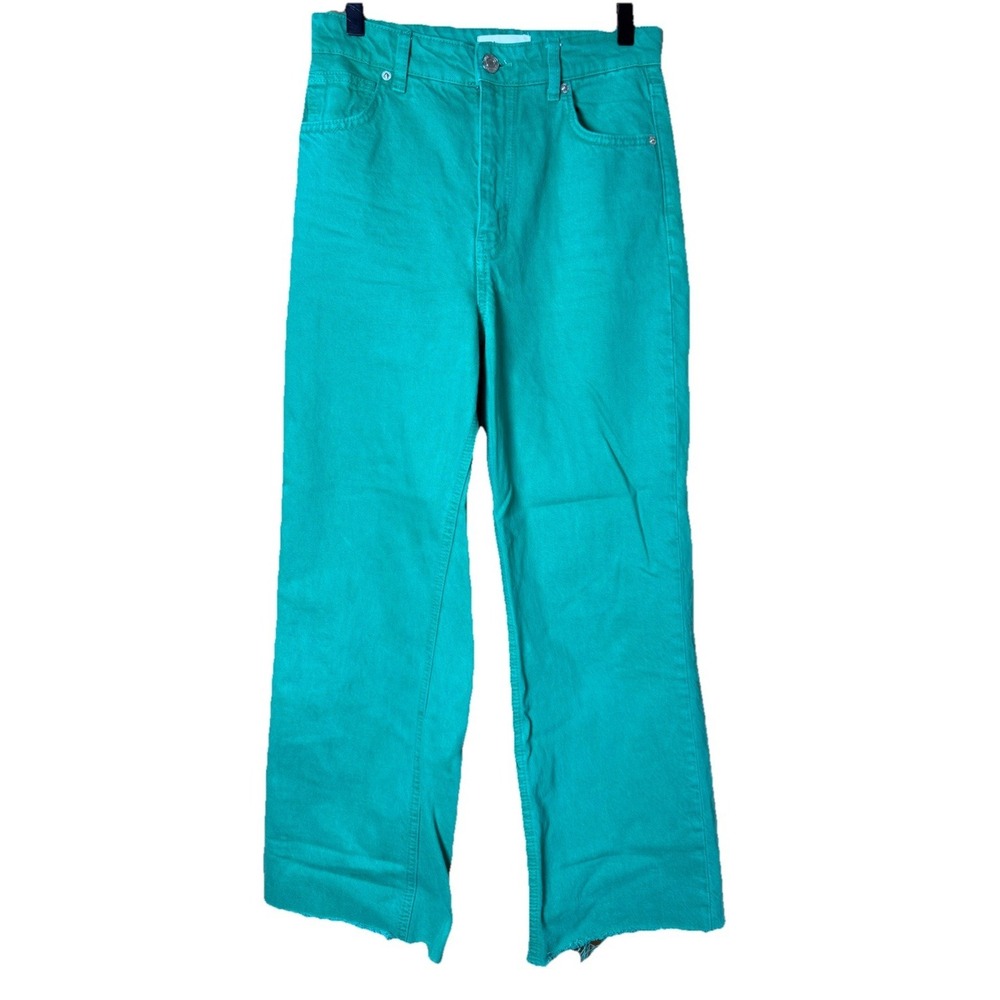 Zara Marine Straight Wide Leg Raw Hem Jeans High Waist GreenSpring Size 4 26x29